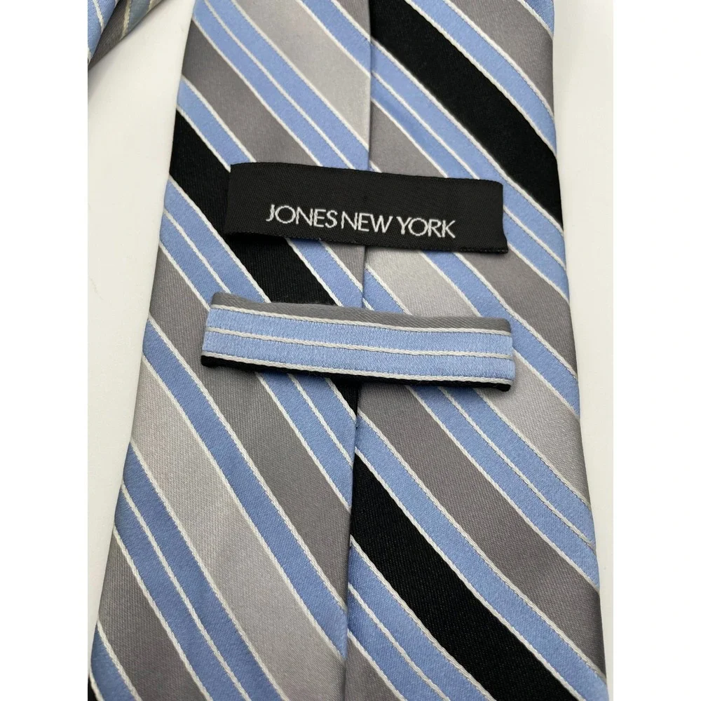 Jones New York Mens Silk Necktie Blue Silver Black Striped Classic Formal Tie